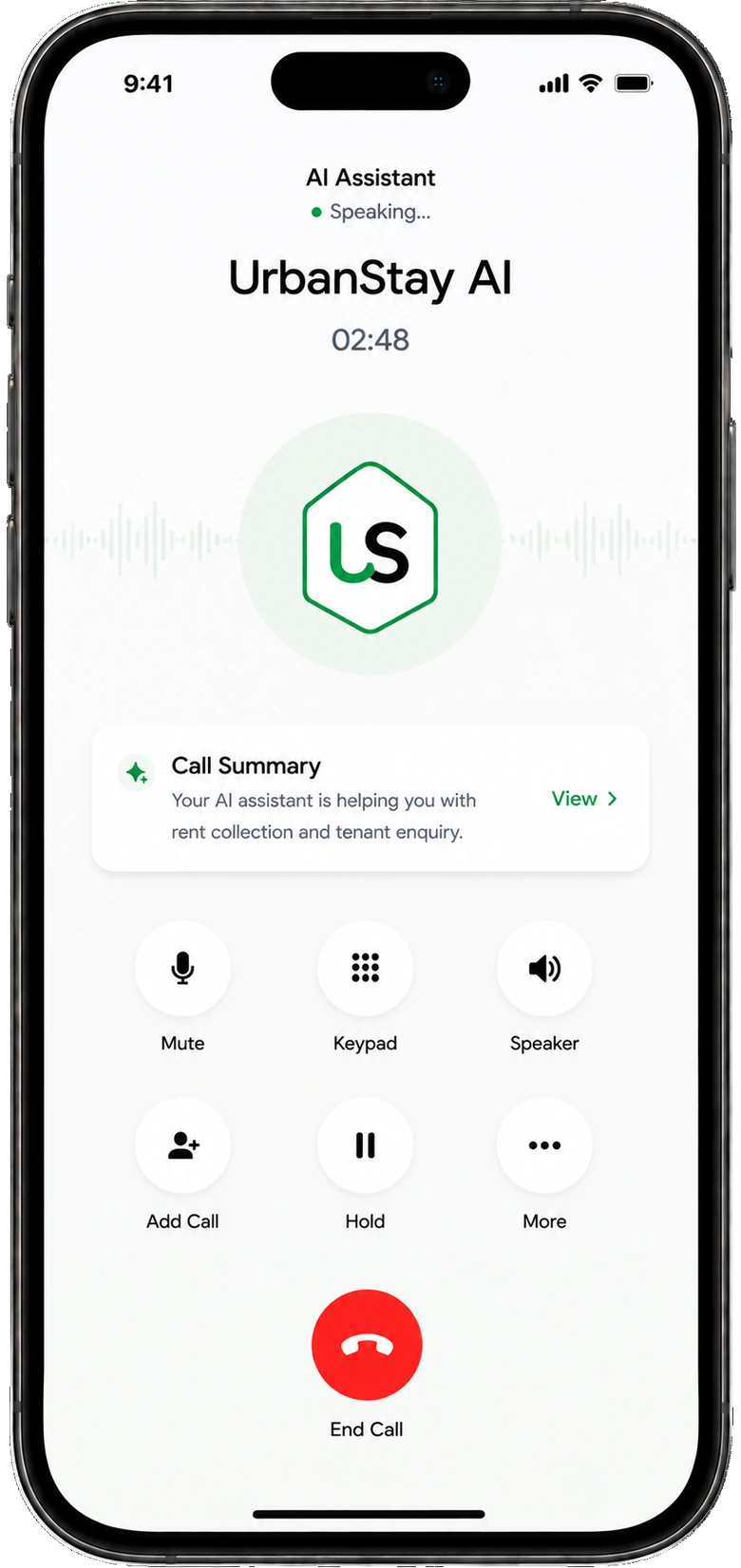 UrbanStay AI assistant handling a live tenant call with a call summary card