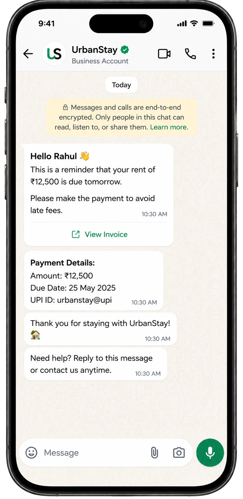 WhatsApp rent reminder sent from the UrbanStay business account