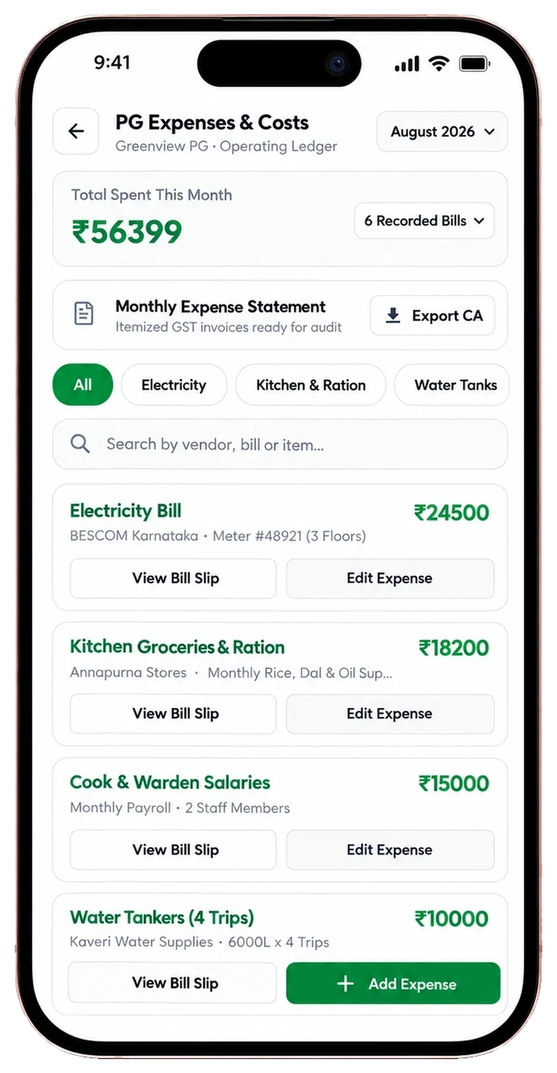 PG expenses and costs ledger showing electricity, groceries, salaries and water tanker bills for the month