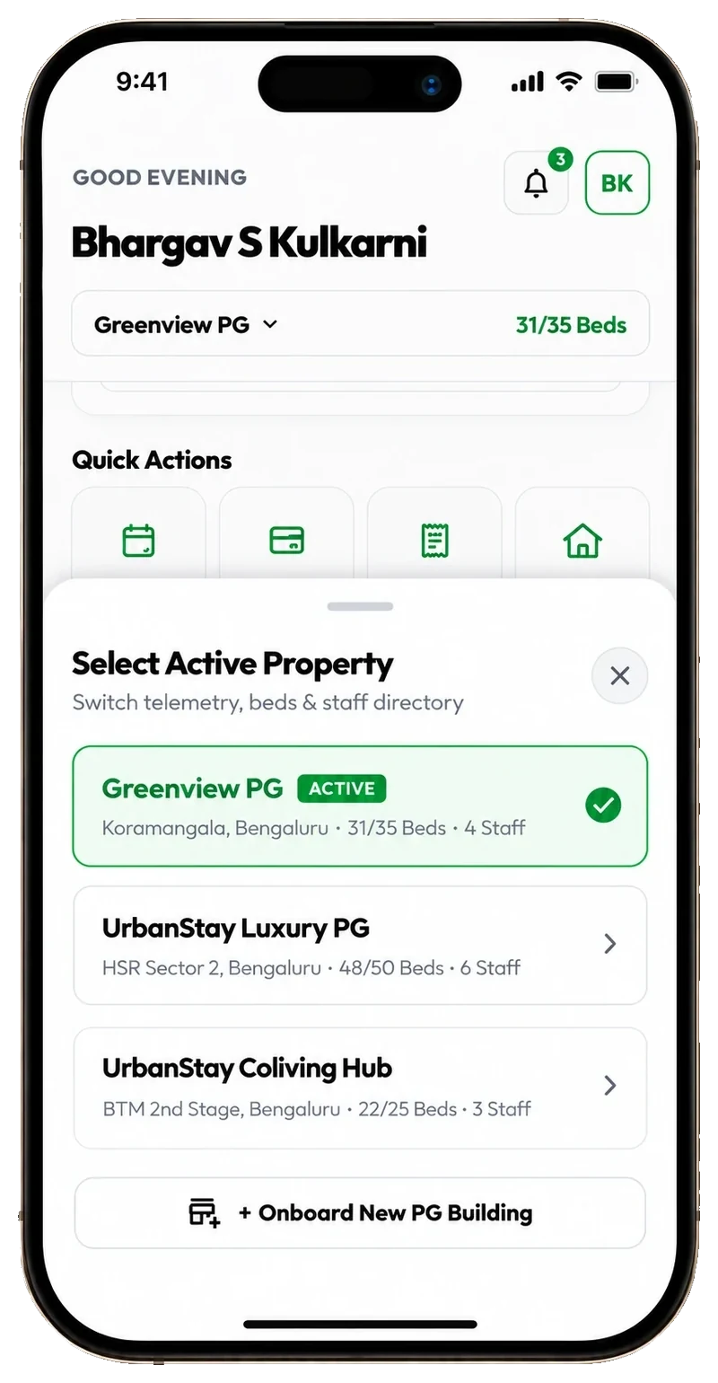 Property switcher in the UrbanStay owner app listing three PG buildings in Bengaluru with bed and staff counts