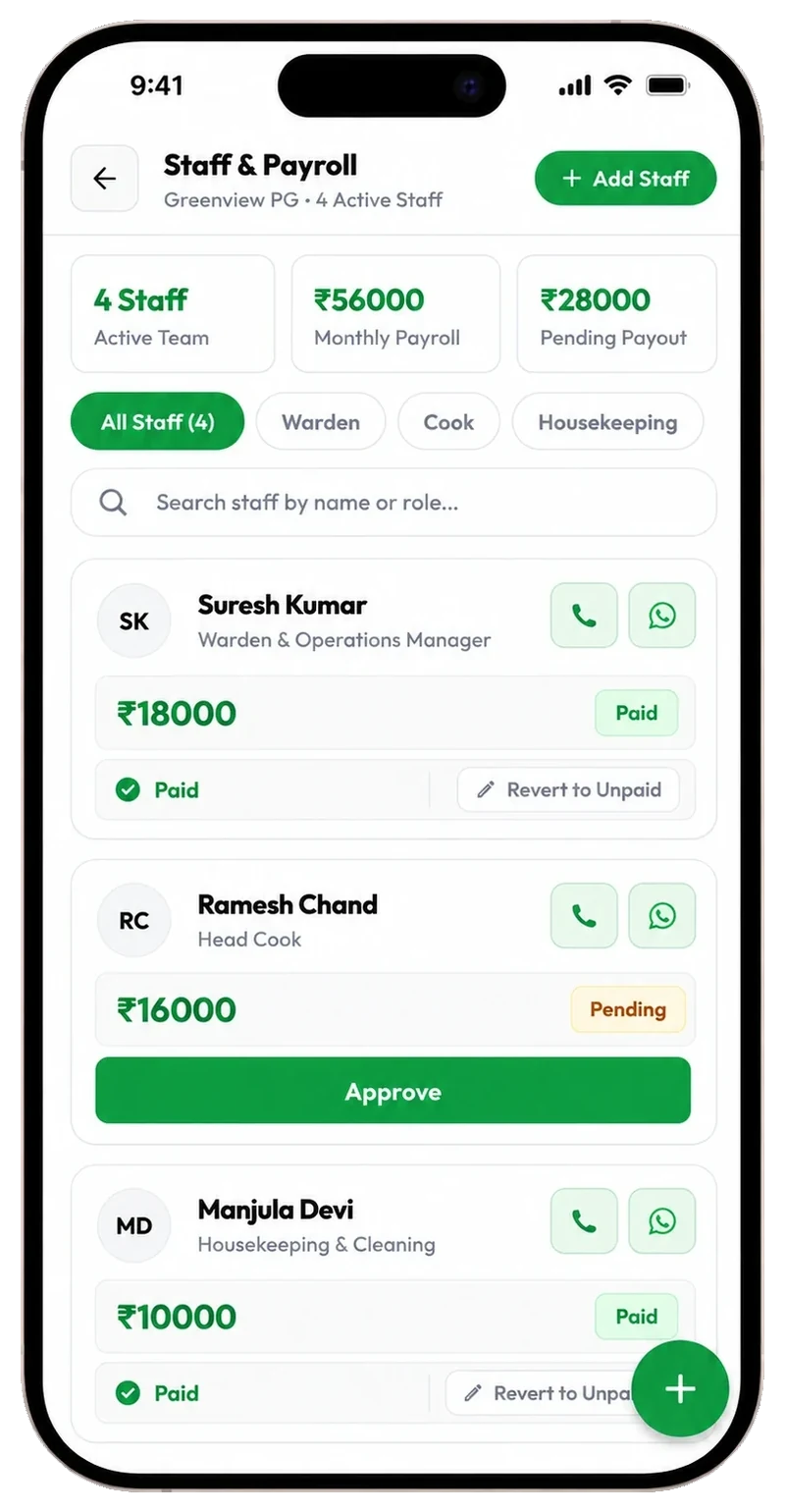 Staff and payroll screen listing warden, cook and housekeeping salaries with paid and pending status