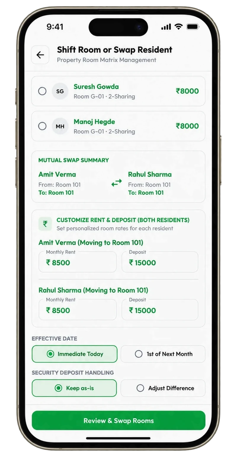 Shift room or swap resident screen with custom rent and deposit fields and an effective date choice