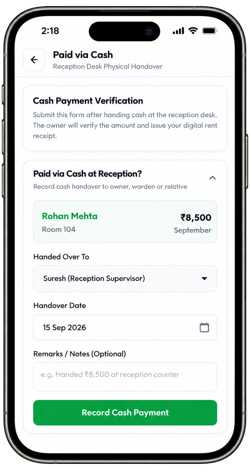 Paid via cash form where a resident records who took the cash at reception, the date and a note