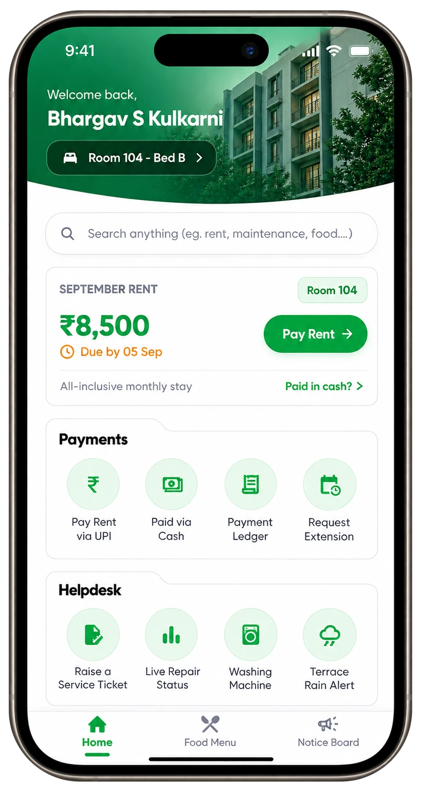UrbanStay resident app home screen showing September rent due, Pay Rent button, payments and helpdesk shortcuts