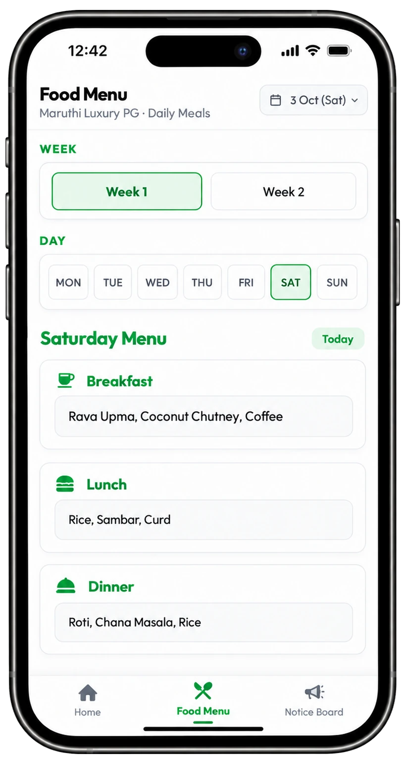 Mess food menu for Saturday showing breakfast, lunch and dinner with week and day selectors