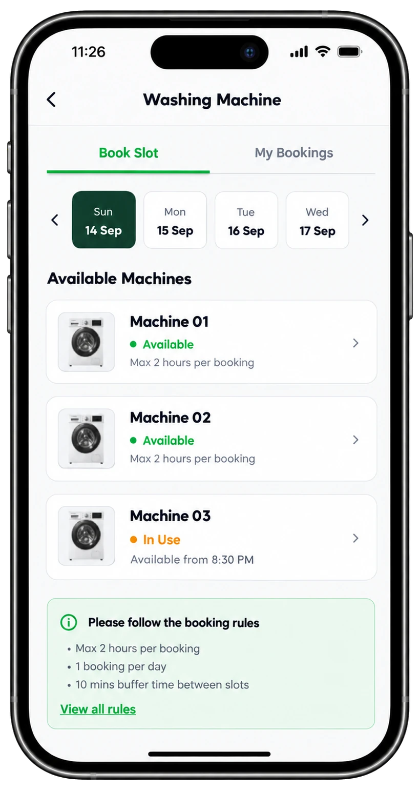 Washing machine booking screen with dates, three machines and their availability, and the booking rules