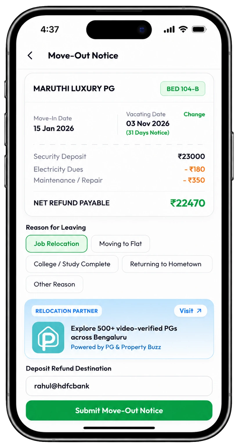 Move-out notice screen with vacating date, 31-day notice, deposit deductions and net refund payable