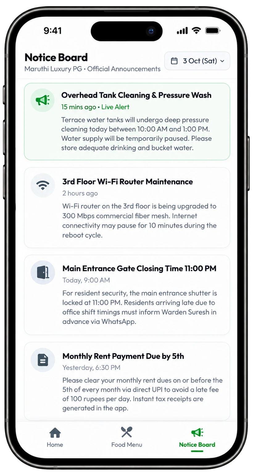 PG notice board in the resident app with a live alert for tank cleaning, Wi-Fi maintenance and gate closing time