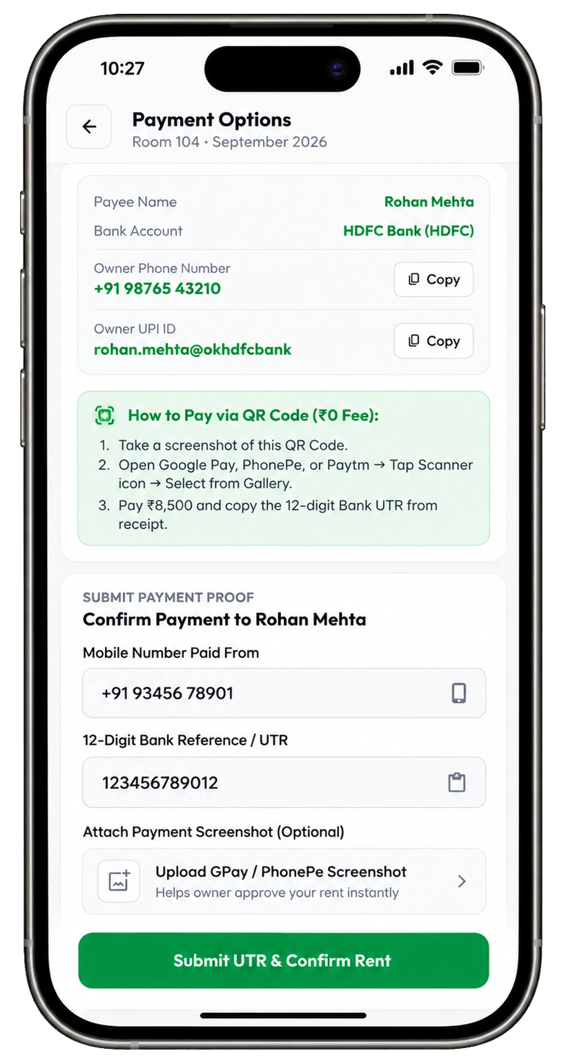 Pay by UPI screen with the owner's UPI ID, QR code steps and a field for the 12-digit bank UTR